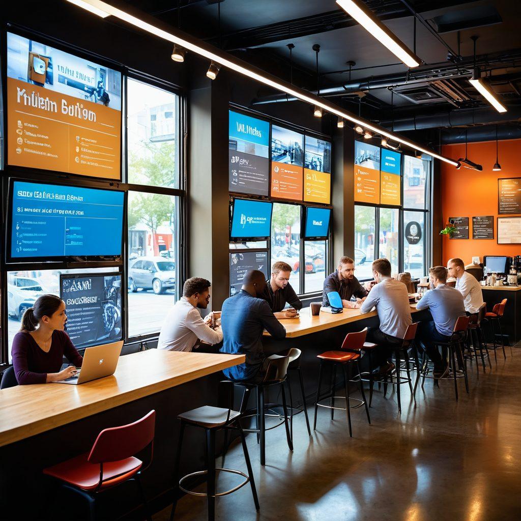 A modern urban scene depicting a diverse group of professionals discussing traffic citations at a bright coffee shop, with digital screens showing tips and advice in the background. The atmosphere is vibrant and dynamic, illustrating cooperation and problem-solving, with city traffic visible through large windows. Light streaming in defines a sense of clarity and resolution. super-realistic. vibrant colors. soft focus.