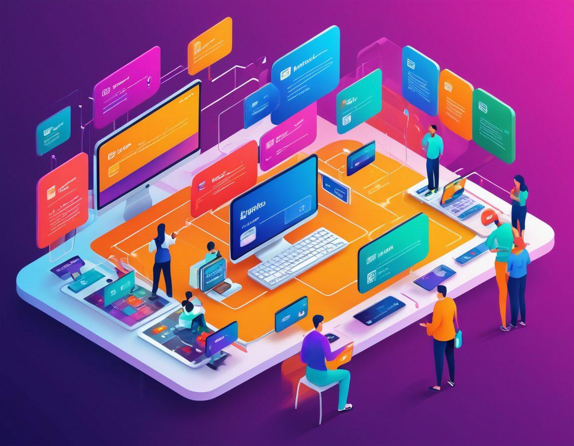 A digital landscape illustrating a complex web of online payment systems with visual elements like credit cards, digital wallets, and flowcharts. The scene should showcase people engaged with various devices, expertly navigating the payment options. Include a blend of vibrant colors to convey dynamism and ease of use. Emphasize an organized, user-friendly interface. vector art. vibrant colors. 3D.
