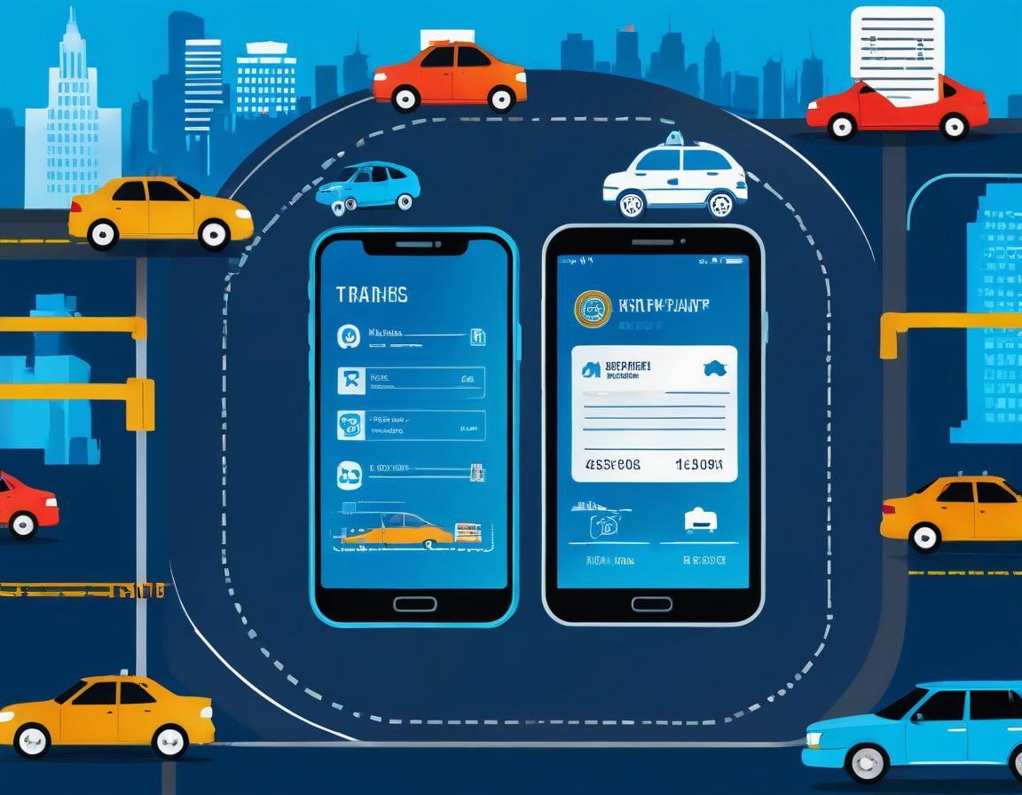 An illustrated guide showcasing a smartphone displaying traffic ticket payment options, with icons of a car, road signs, and a digital wallet. Include a calming blue background with abstract traffic elements blending into the design. Add subtle hints of a city skyline in the distance. This should evoke a sense of convenience and modern technology. vibrant colors. vector art.